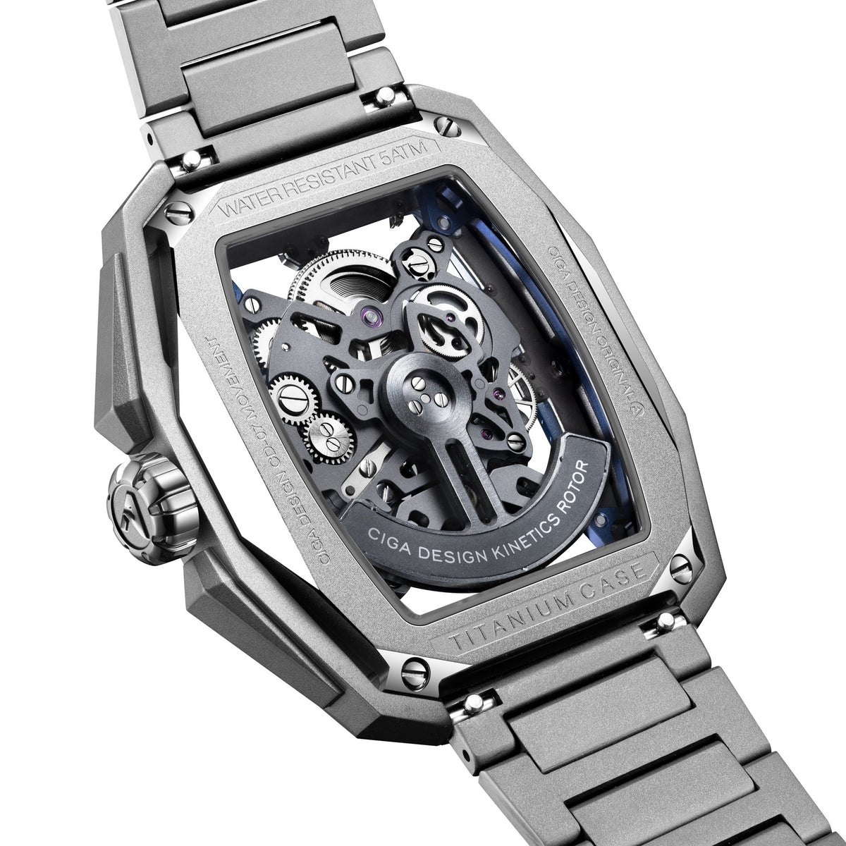 CIGA Design Hunter Titanium Skeleton Automatic Watch – Silver caseback showing the skeleton movement