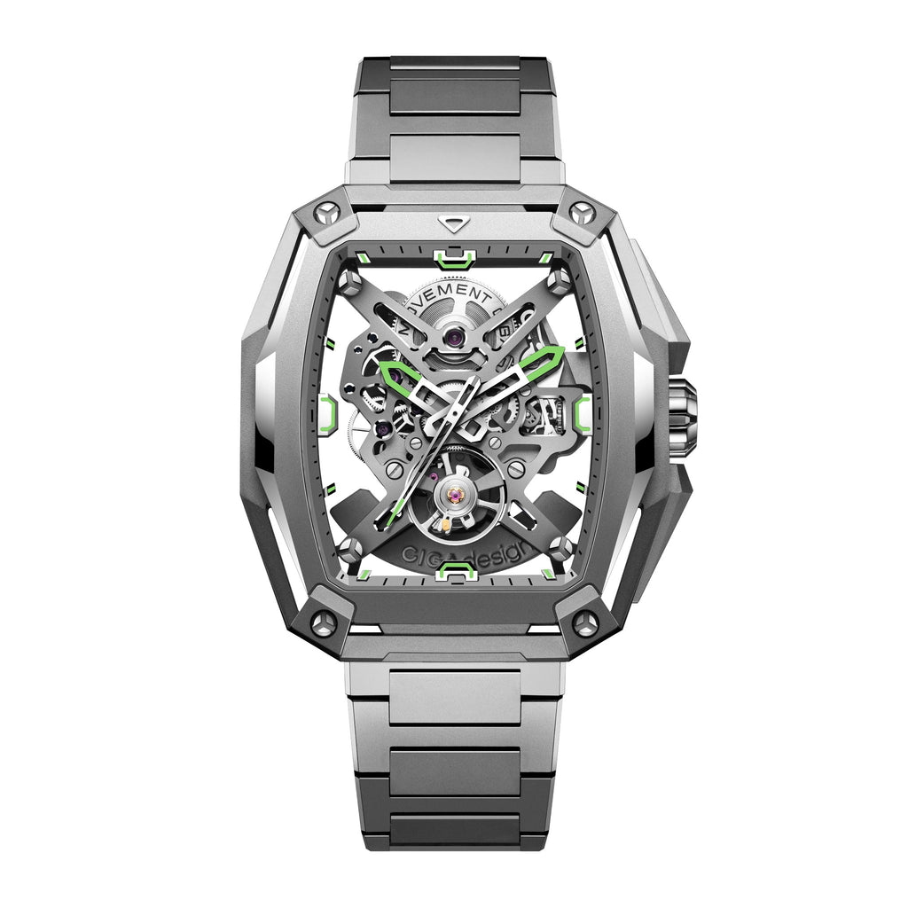CIGA Design Hunter Titanium Skeleton Automatic Watch – Silver front view on titanium bracelet