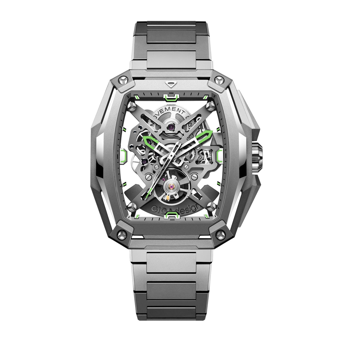 CIGA Design Hunter Titanium Skeleton Automatic Watch – Silver front view on titanium bracelet
