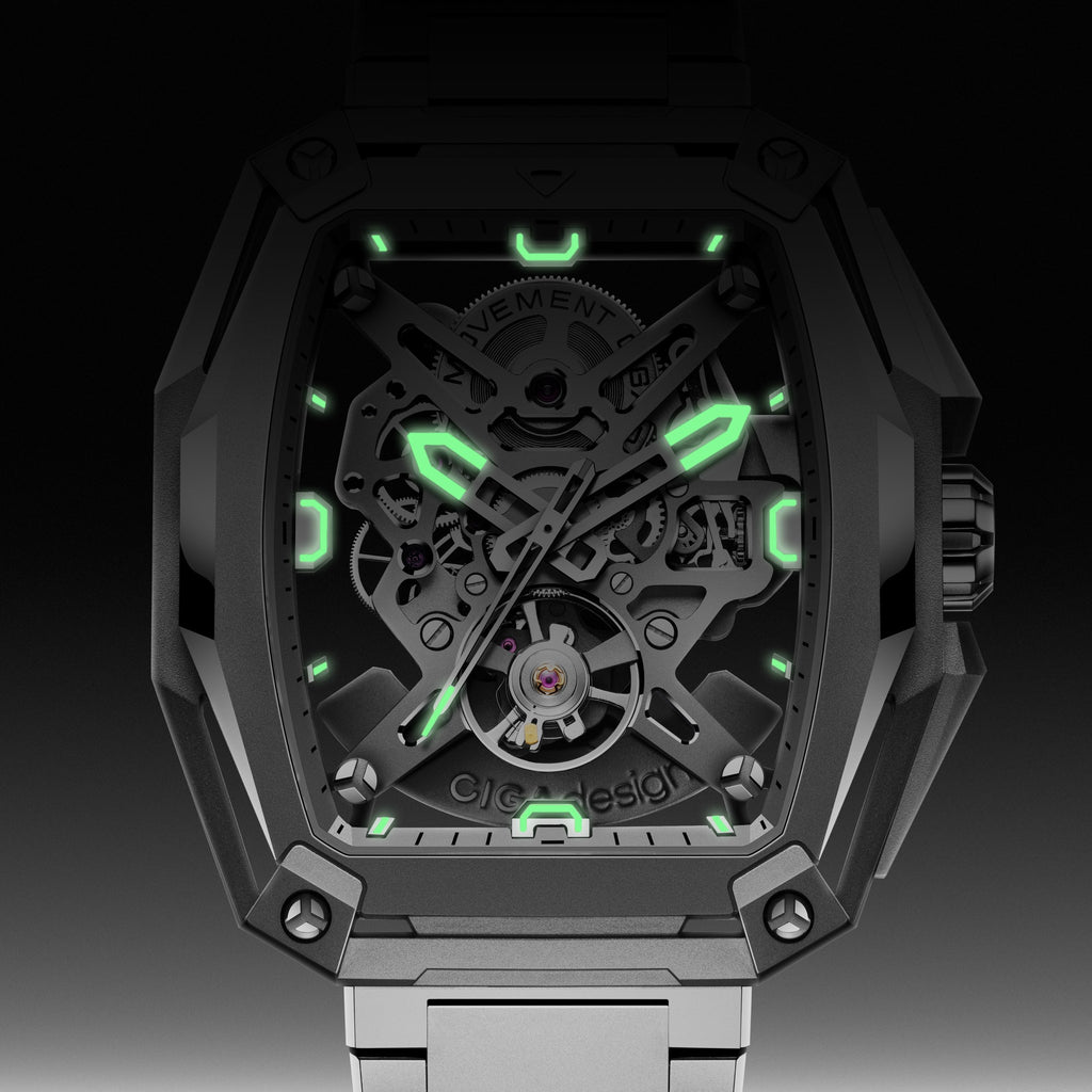 CIGA Design Hunter Titanium Skeleton Automatic Watch – Silver luminous dial in the dark