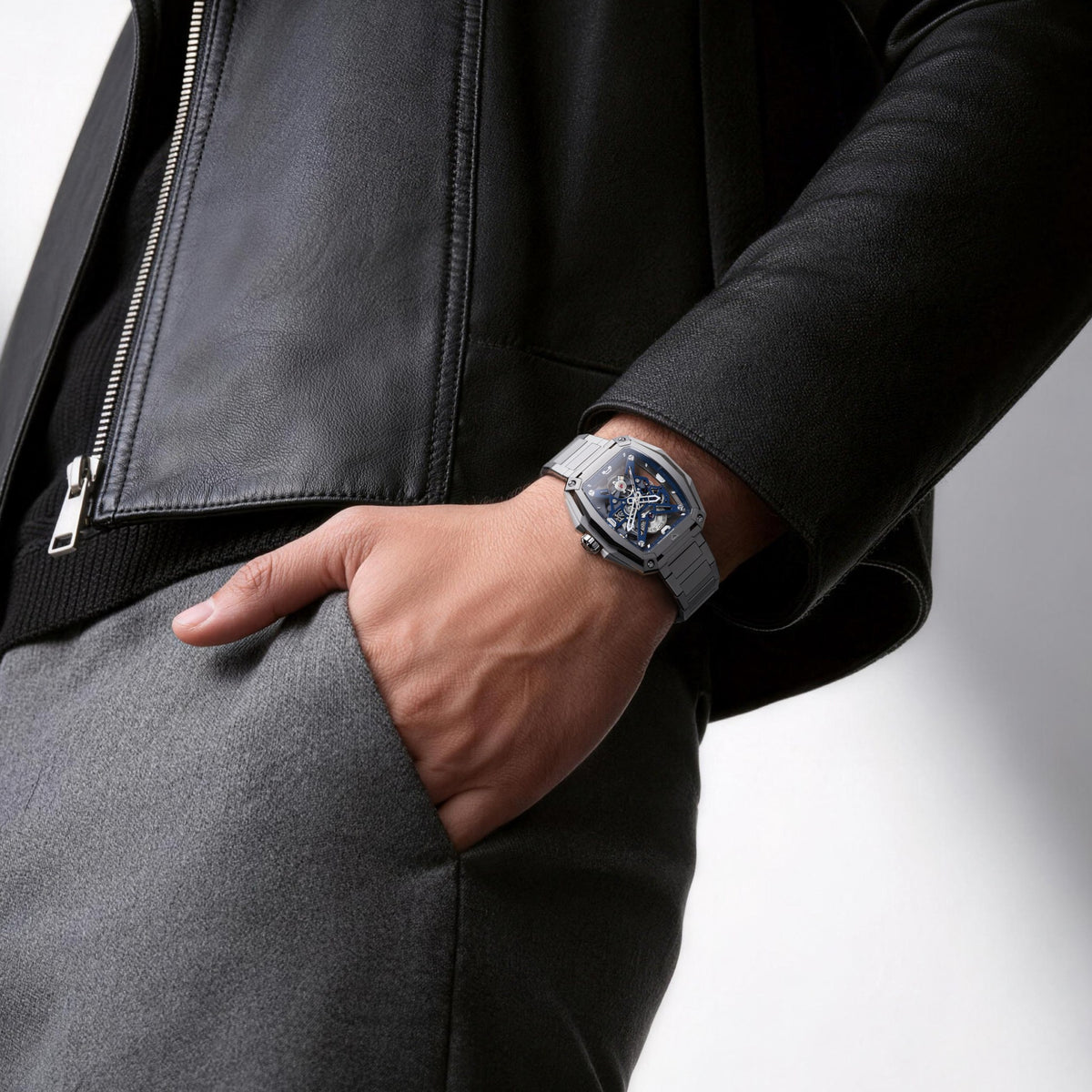 CIGA Design Hunter Titanium Skeleton Automatic Watch – Silver worn on the wrist