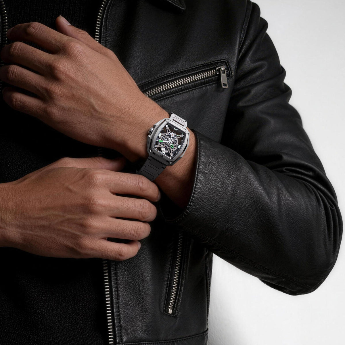CIGA Design Hunter Titanium Skeleton Automatic Watch – Silver worn on the wrist, close-up