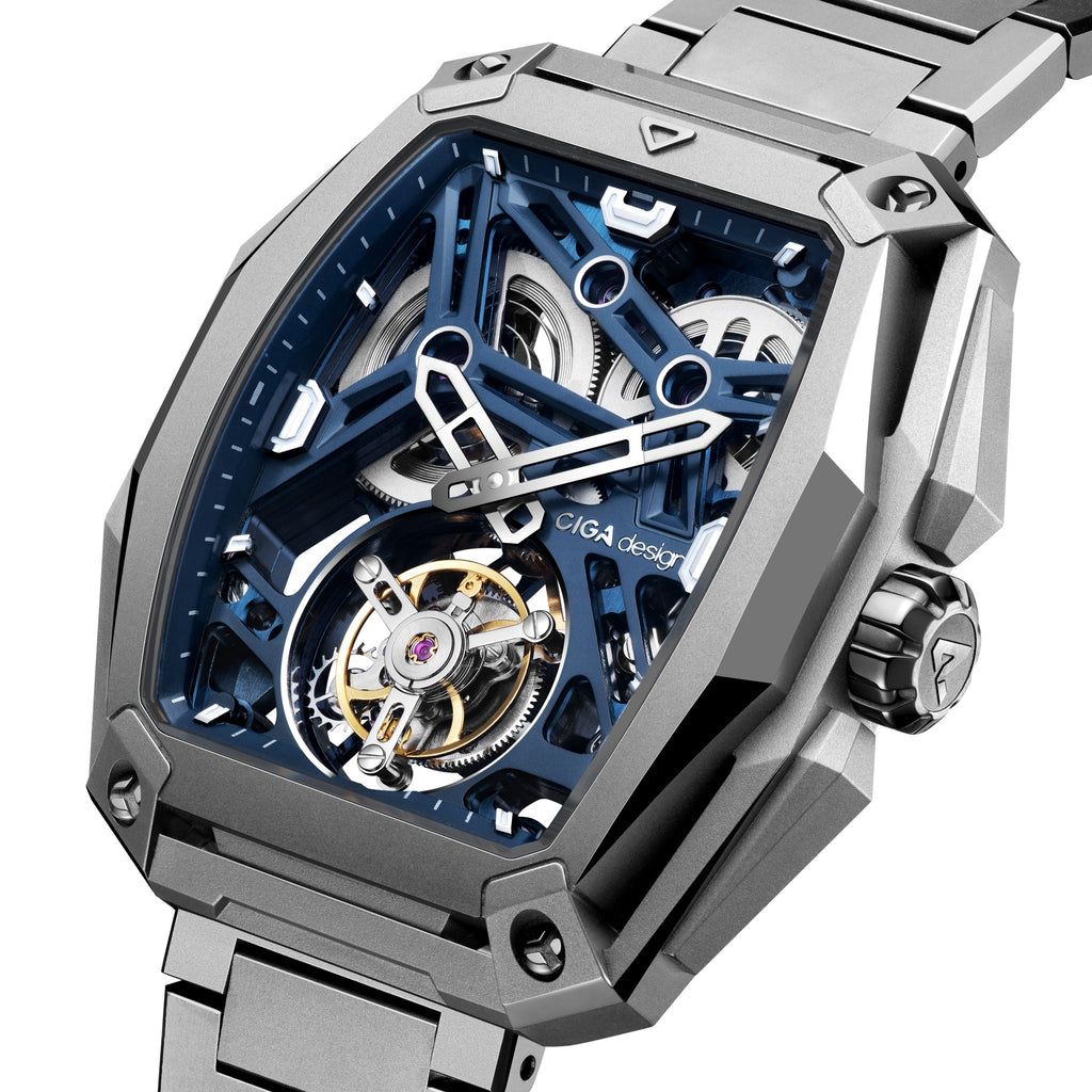CIGA Design Hunter Tourbillon Titanium Skeleton Watch – Blue angled view of the tourbillon