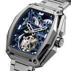CIGA Design Hunter Tourbillon Titanium Skeleton Watch – Blue angled view of the tourbillon