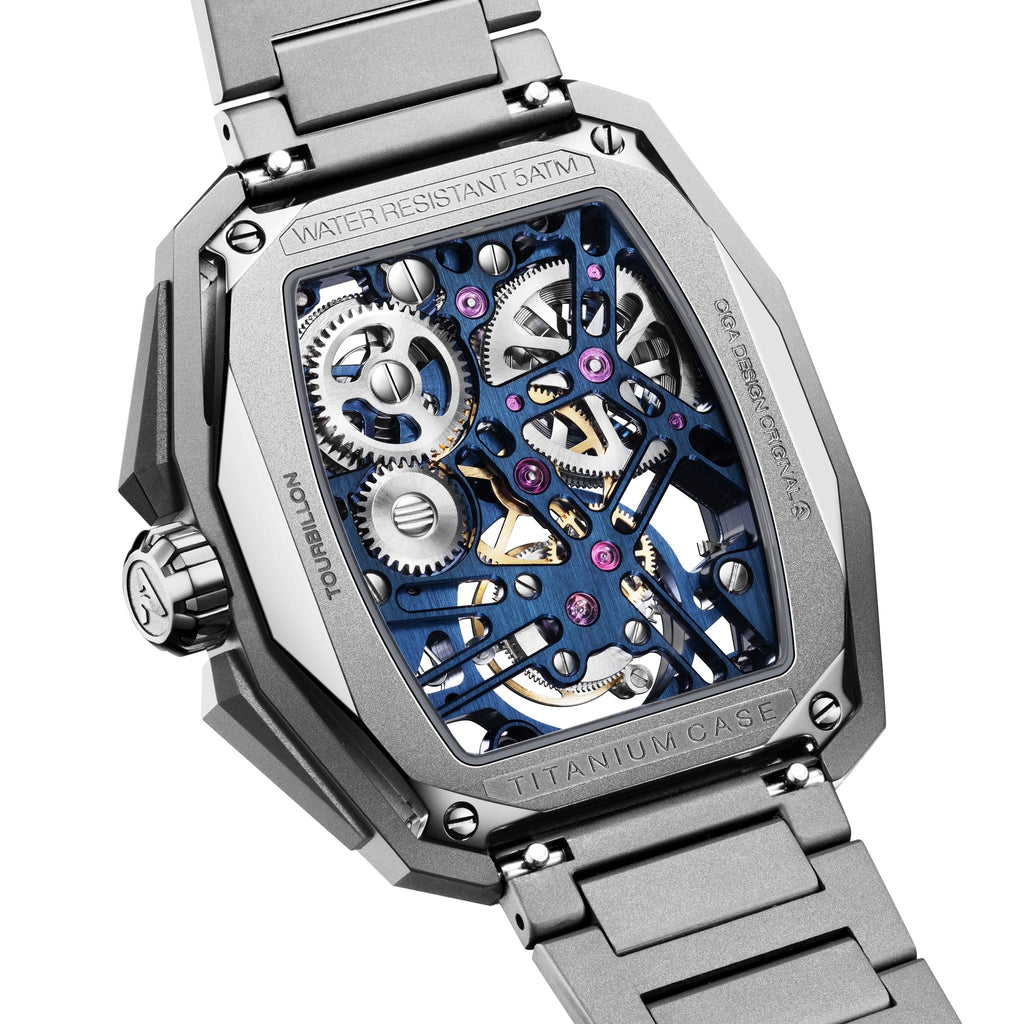 CIGA Design Hunter Tourbillon Titanium Skeleton Watch – Blue caseback showing the skeleton tourbillon movement