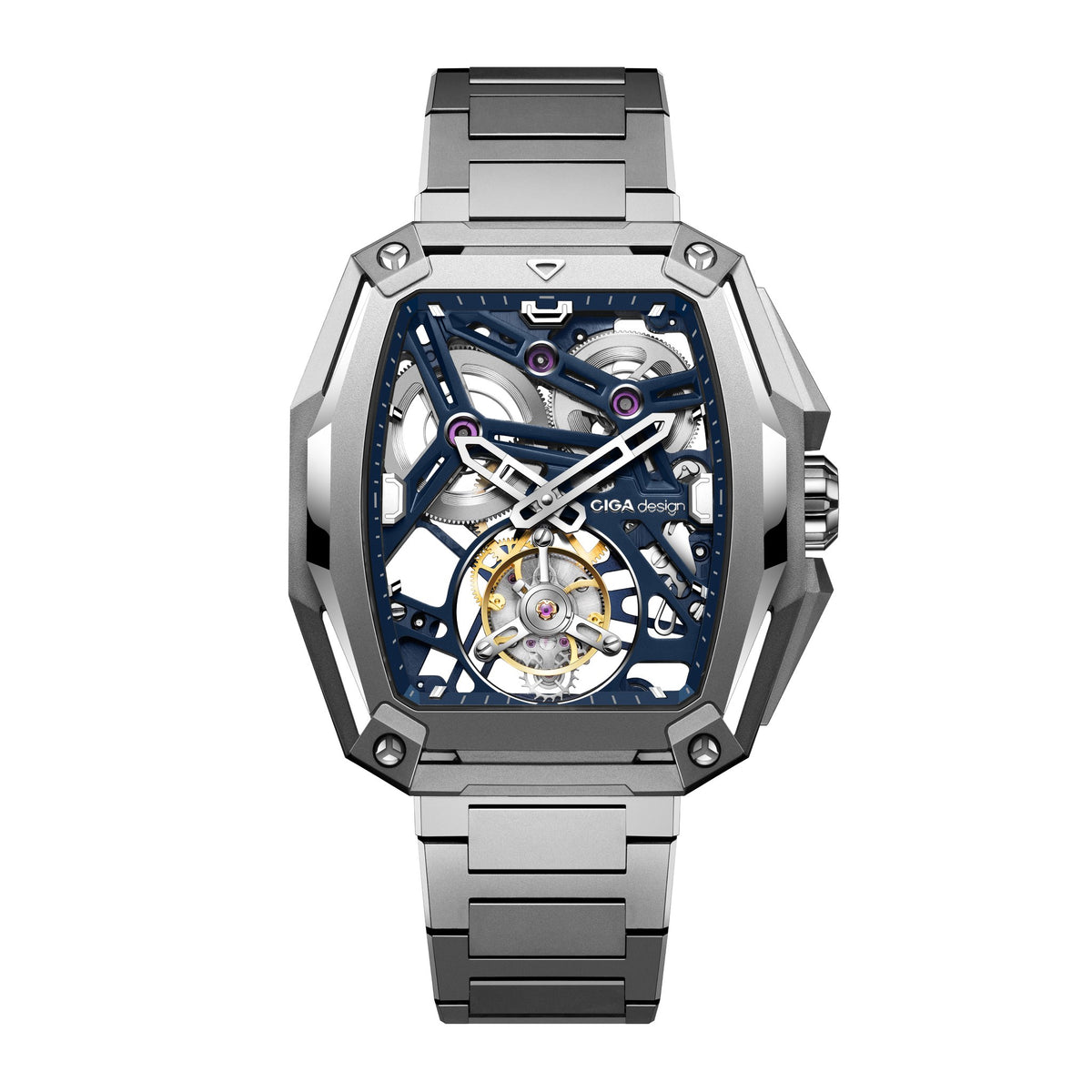 CIGA Design Hunter Tourbillon Titanium Skeleton Watch – Blue front view on titanium bracelet