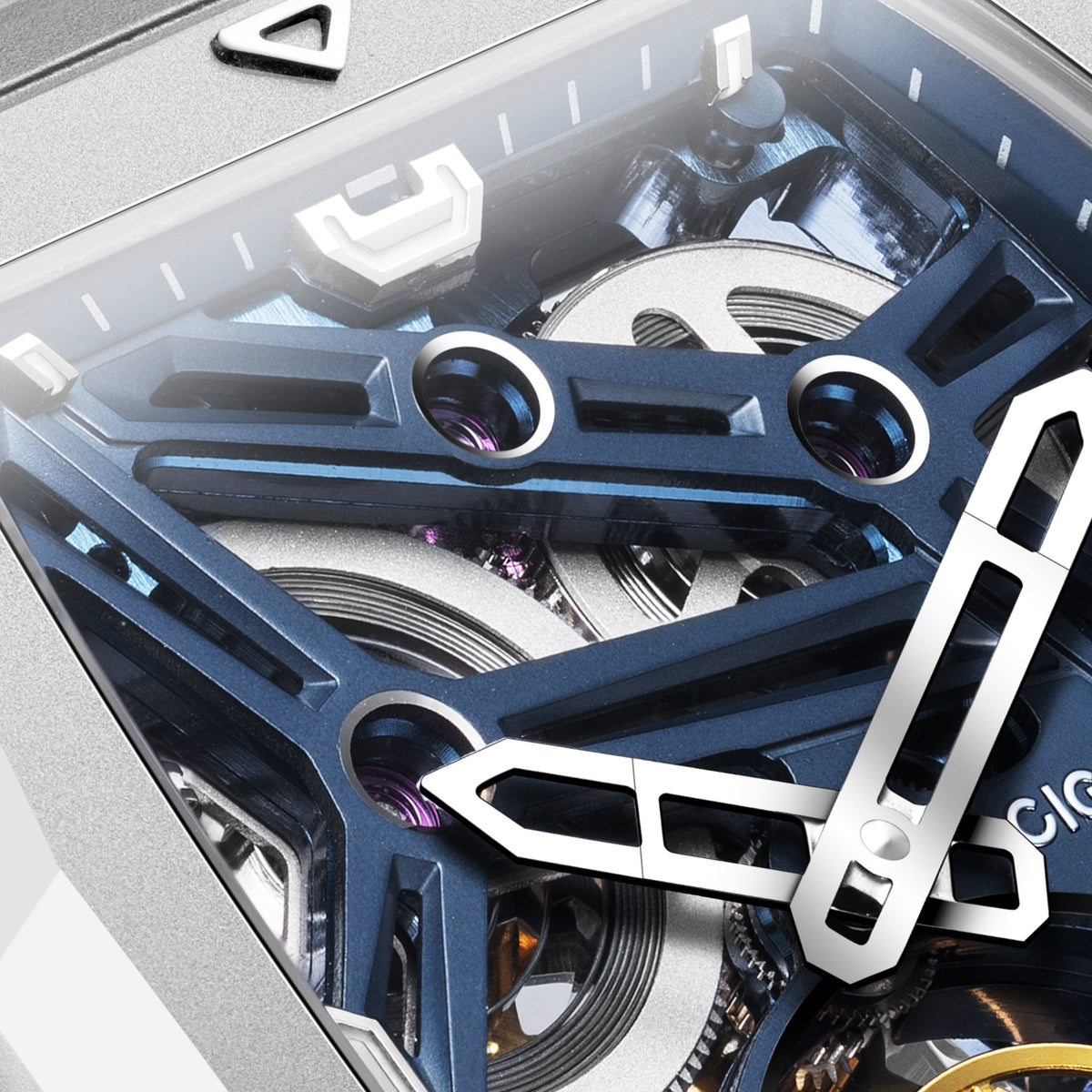 CIGA Design Hunter Tourbillon Titanium Skeleton Watch – Blue skeleton bridges macro