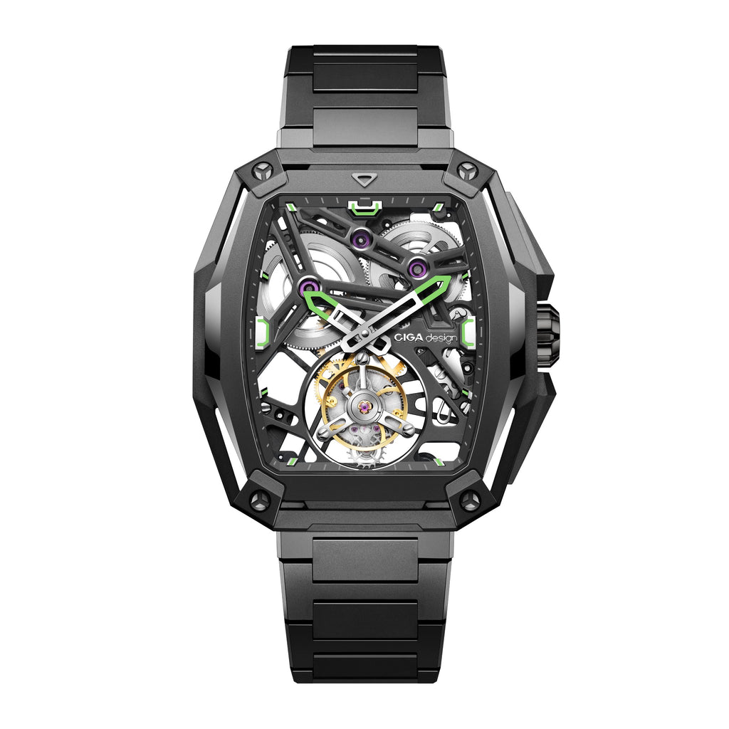 CIGA Design Hunter Tourbillon Titanium Skeleton Watch – Carbon front view on titanium bracelet