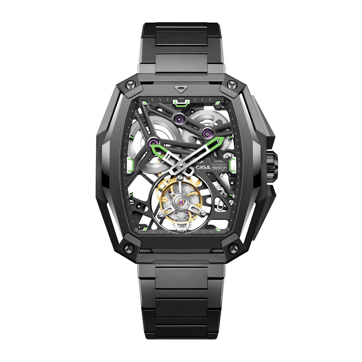 CIGA Design Hunter Tourbillon Titanium Skeleton Watch – Carbon front view on titanium bracelet