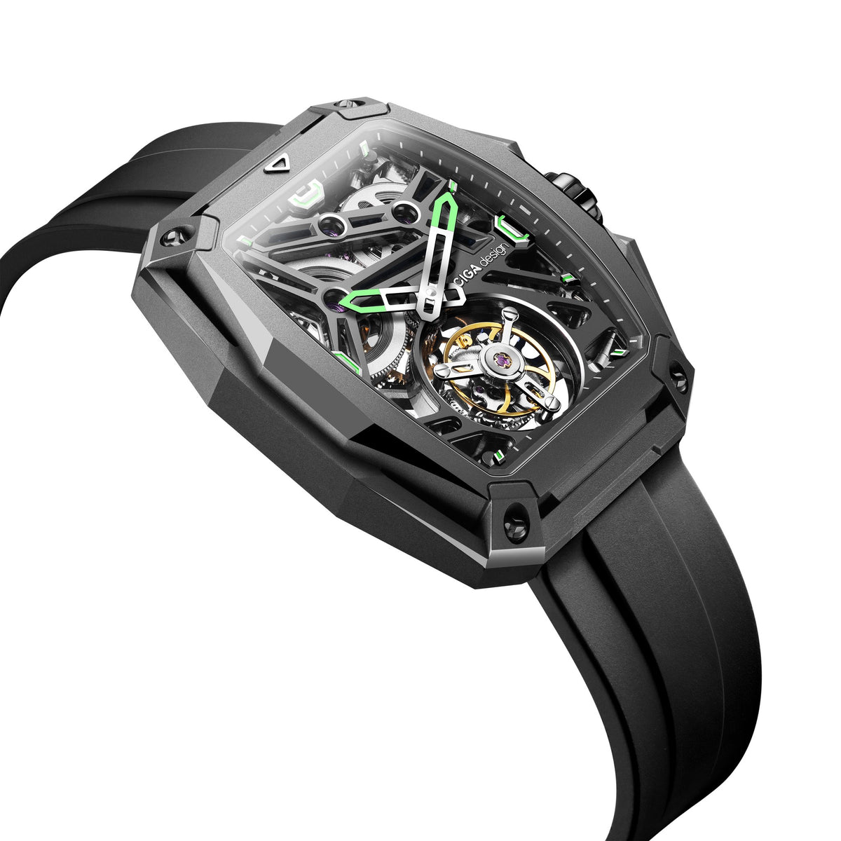 CIGA Design Hunter Tourbillon Titanium Skeleton Watch – Carbon on the black fluororubber strap