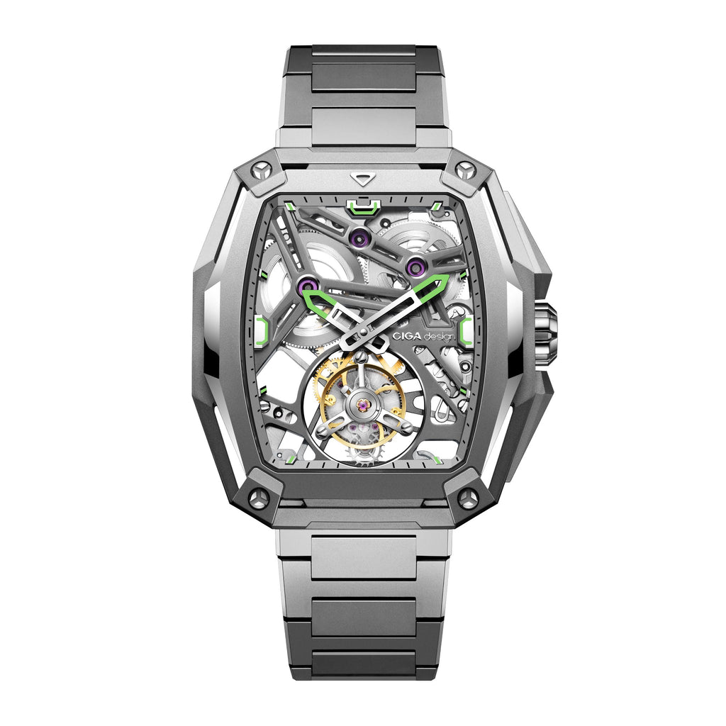CIGA Design Hunter Tourbillon Titanium Skeleton Watch – Silver front view on titanium bracelet
