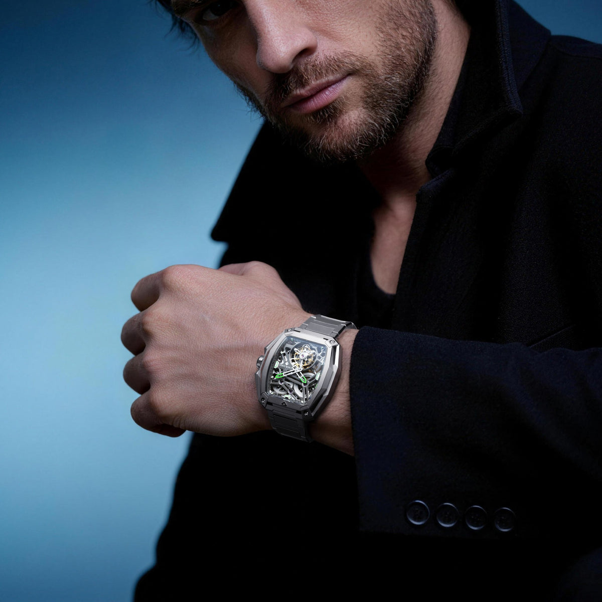CIGA Design Hunter Tourbillon Titanium Skeleton Watch – Silver worn on the wrist, close-up