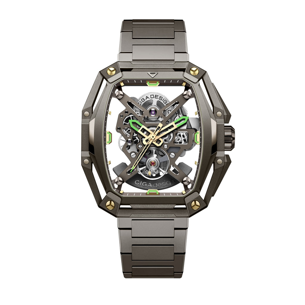 CIGA Design Hunter Vintage Skeleton Automatic Watch – Brown Gold front view on steel bracelet