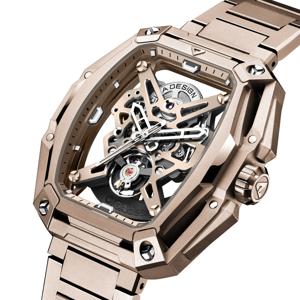 CIGA Design Hunter Vintage Skeleton Automatic Watch – Rose Gold angled view