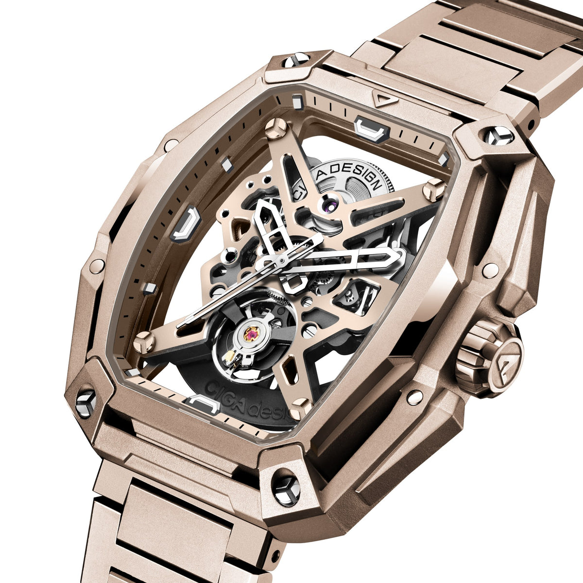 CIGA Design Hunter Vintage Skeleton Automatic Watch – Rose Gold angled view