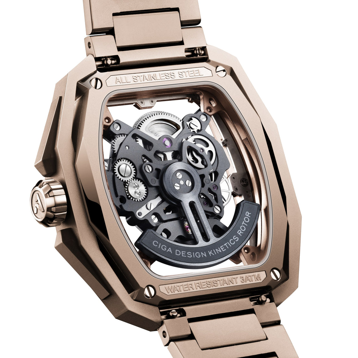 CIGA Design Hunter Vintage Skeleton Automatic Watch – Rose Gold caseback showing the skeleton movement