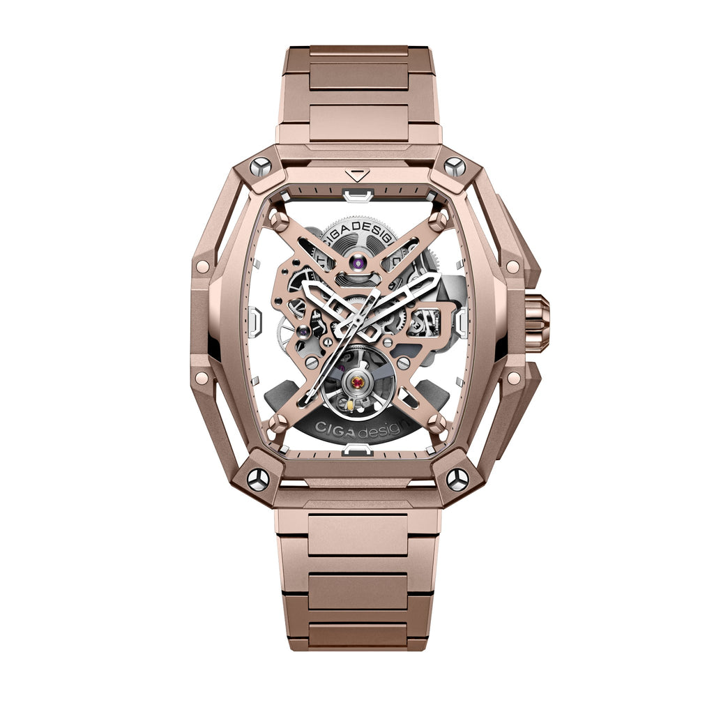 CIGA Design Hunter Vintage Skeleton Automatic Watch – Rose Gold front view on steel bracelet