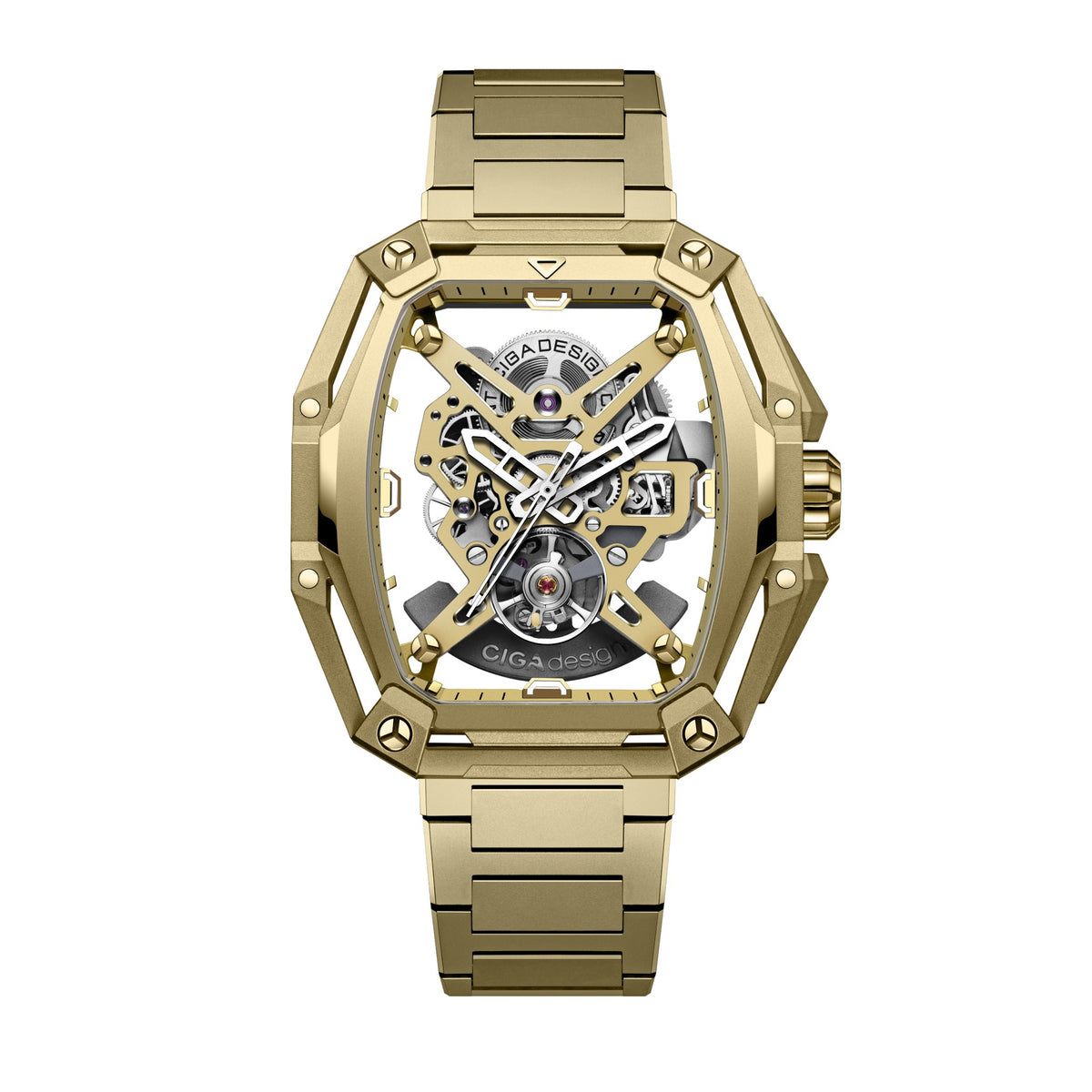 CIGA Design Hunter Vintage Skeleton Automatic Watch – Sand Gold front view on steel bracelet