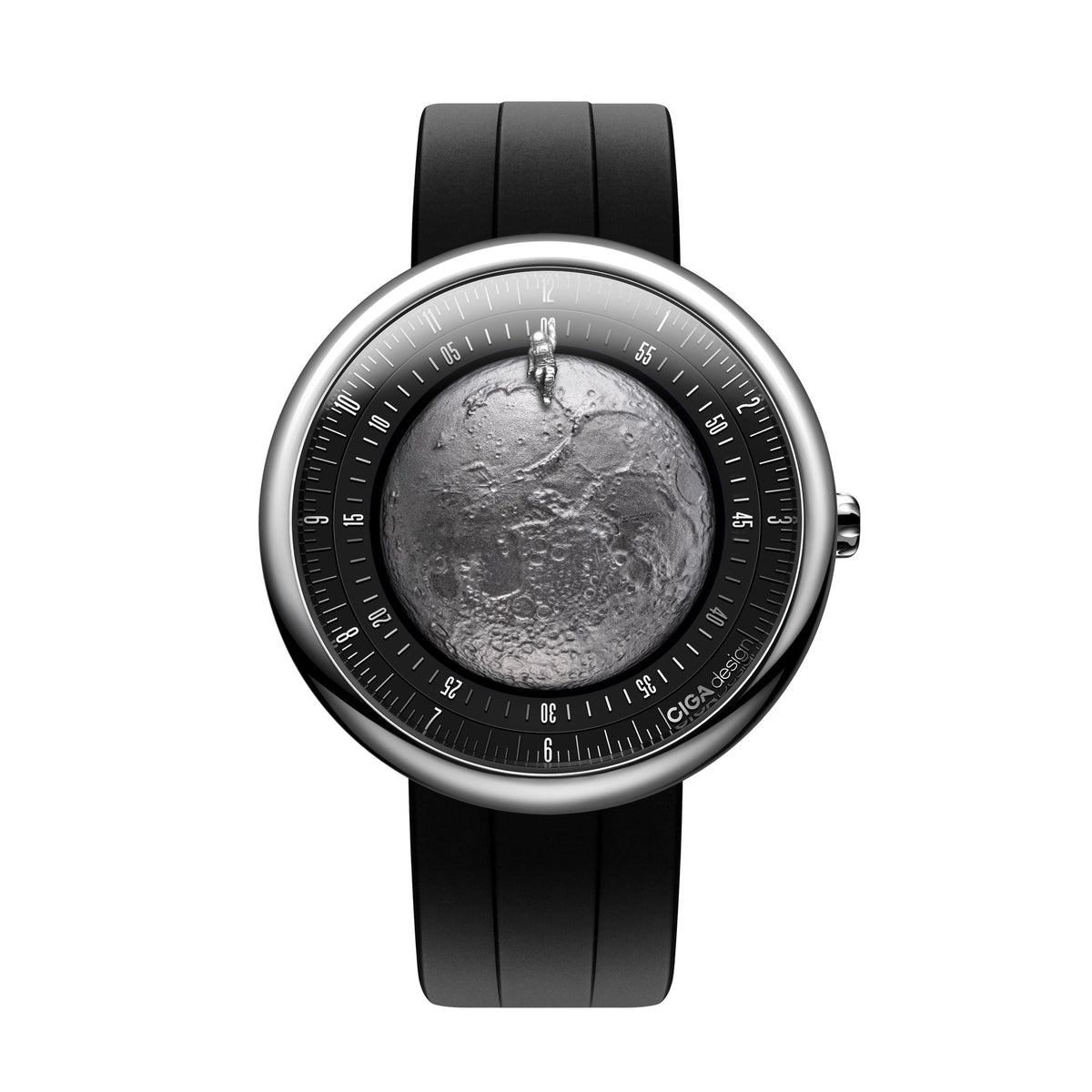 CIGA Design Moon Walker Titanium Automatic Watch – front view of the lunar dial on black strap