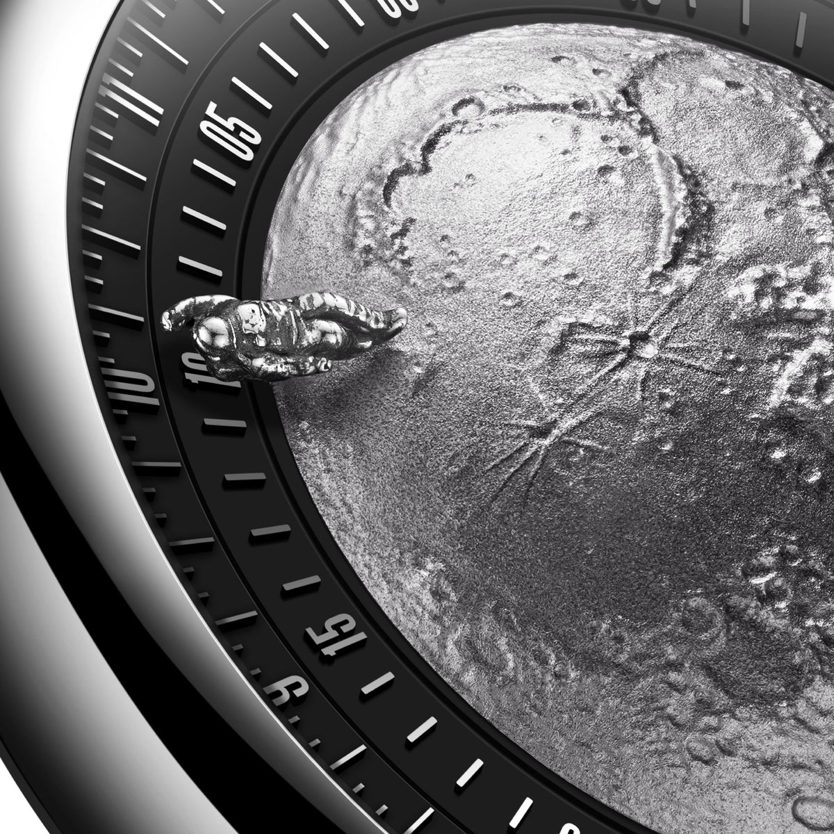 CIGA Design Moon Walker Titanium Automatic Watch – macro of the astronaut hand over the engraved Moon