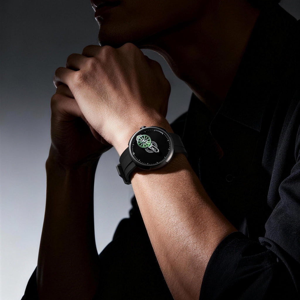 CIGA Design Time Cipher Wandering Hour Automatic Watch – Carbon worn on the wrist