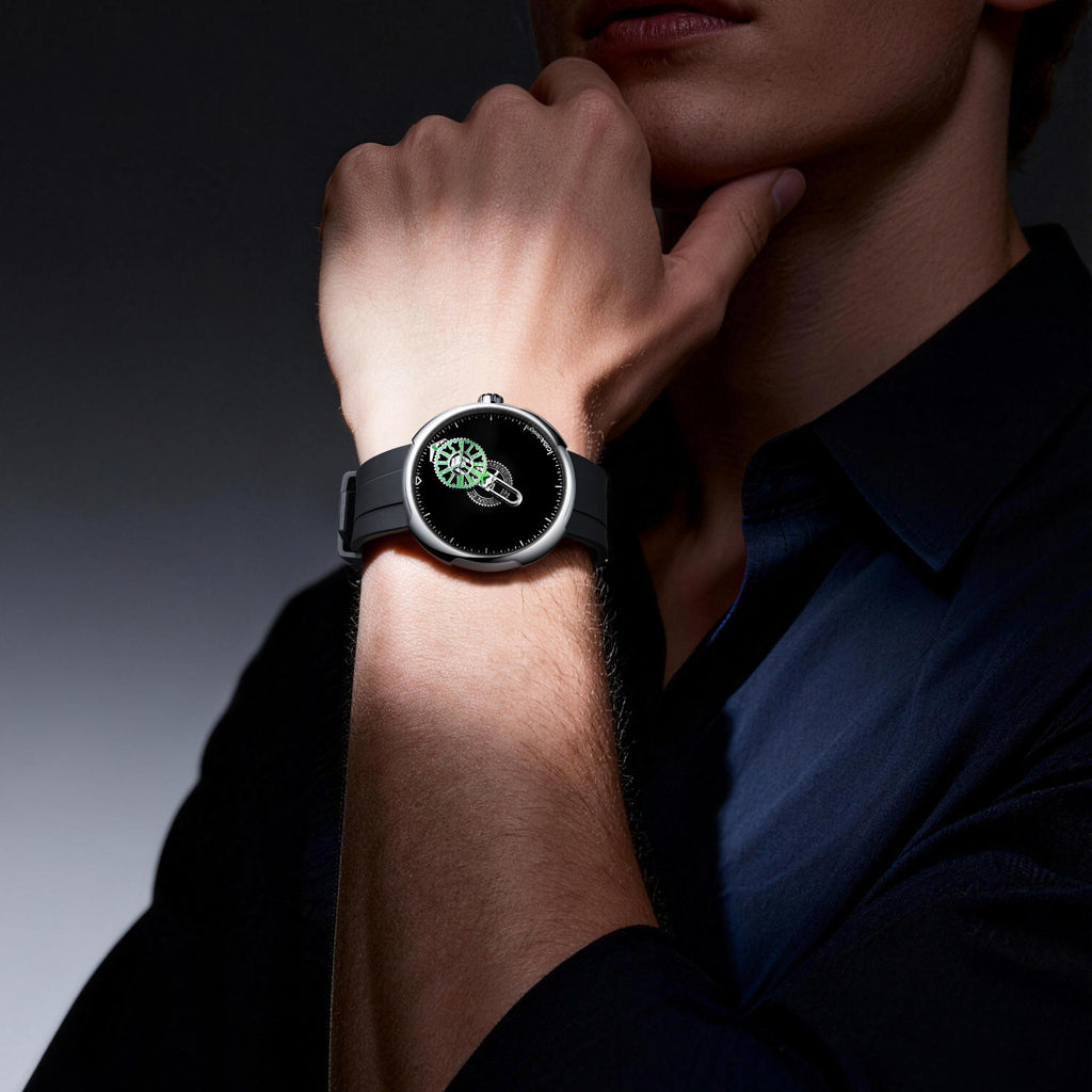 CIGA Design Time Cipher Wandering Hour Automatic Watch – Carbon worn on the wrist, close-up
