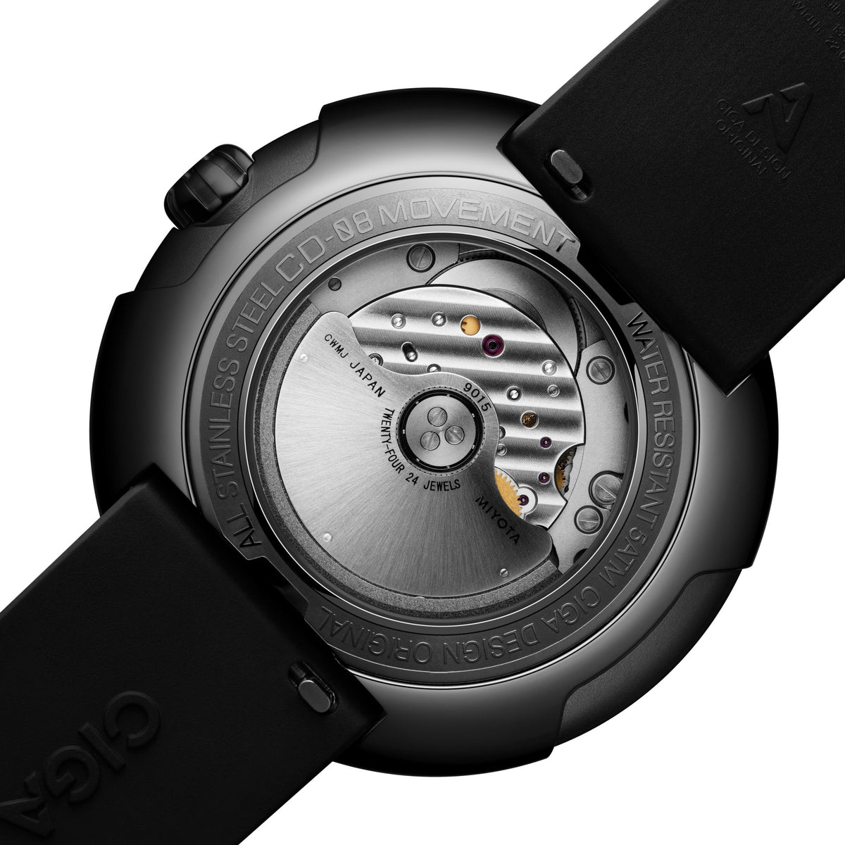 CIGA Design Time Cipher Wandering Hour Automatic Watch – caseback showing the CD-08 automatic movement
