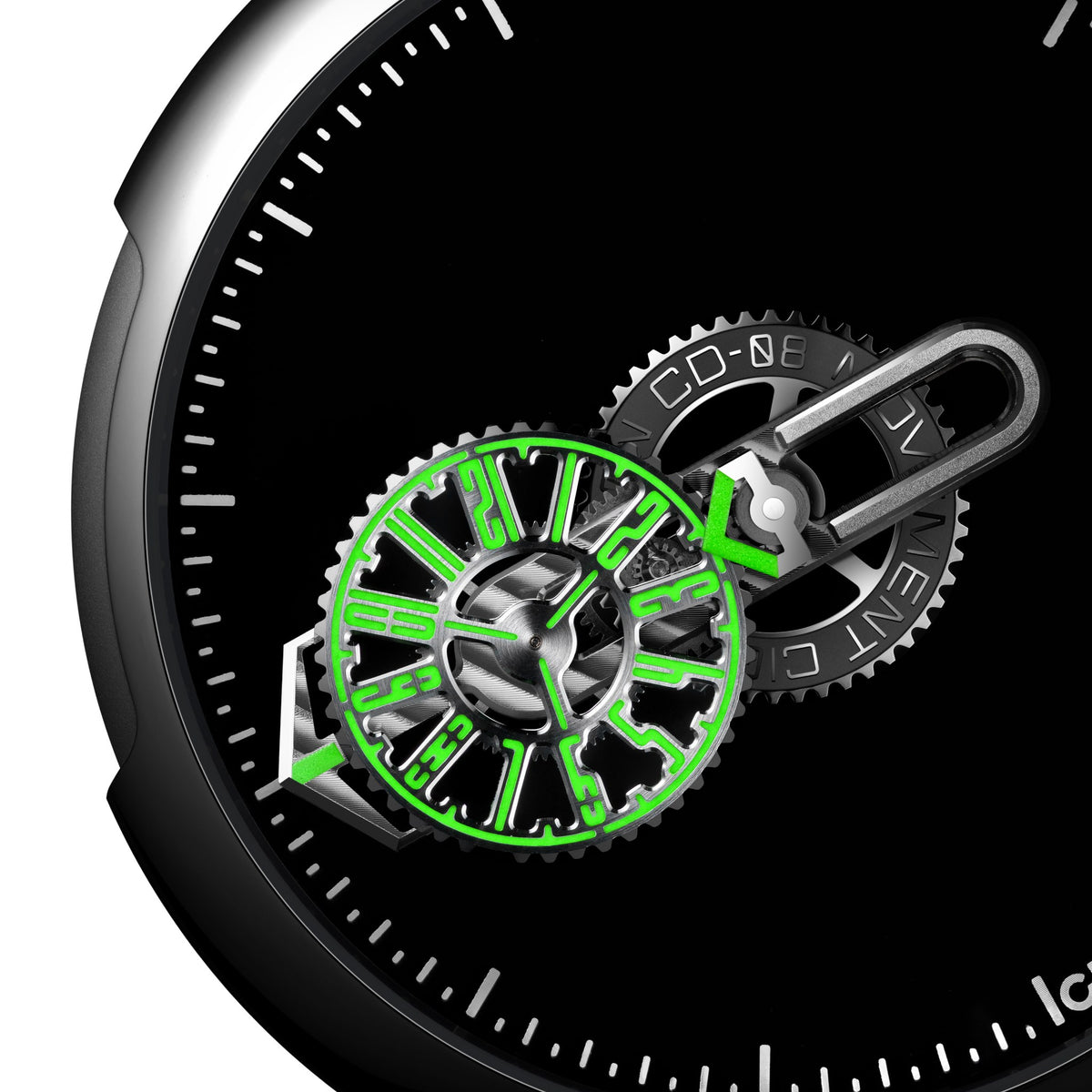CIGA Design Time Cipher Wandering Hour Automatic Watch – macro of the luminous wandering-hour disc