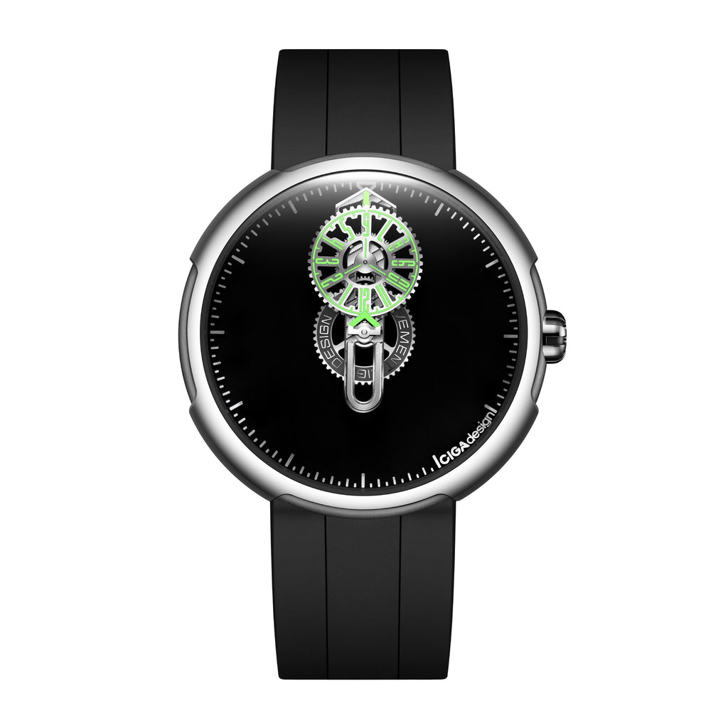 CIGA Design Time Cipher Wandering Hour Automatic Watch – Silver front view of the wandering-hour dial