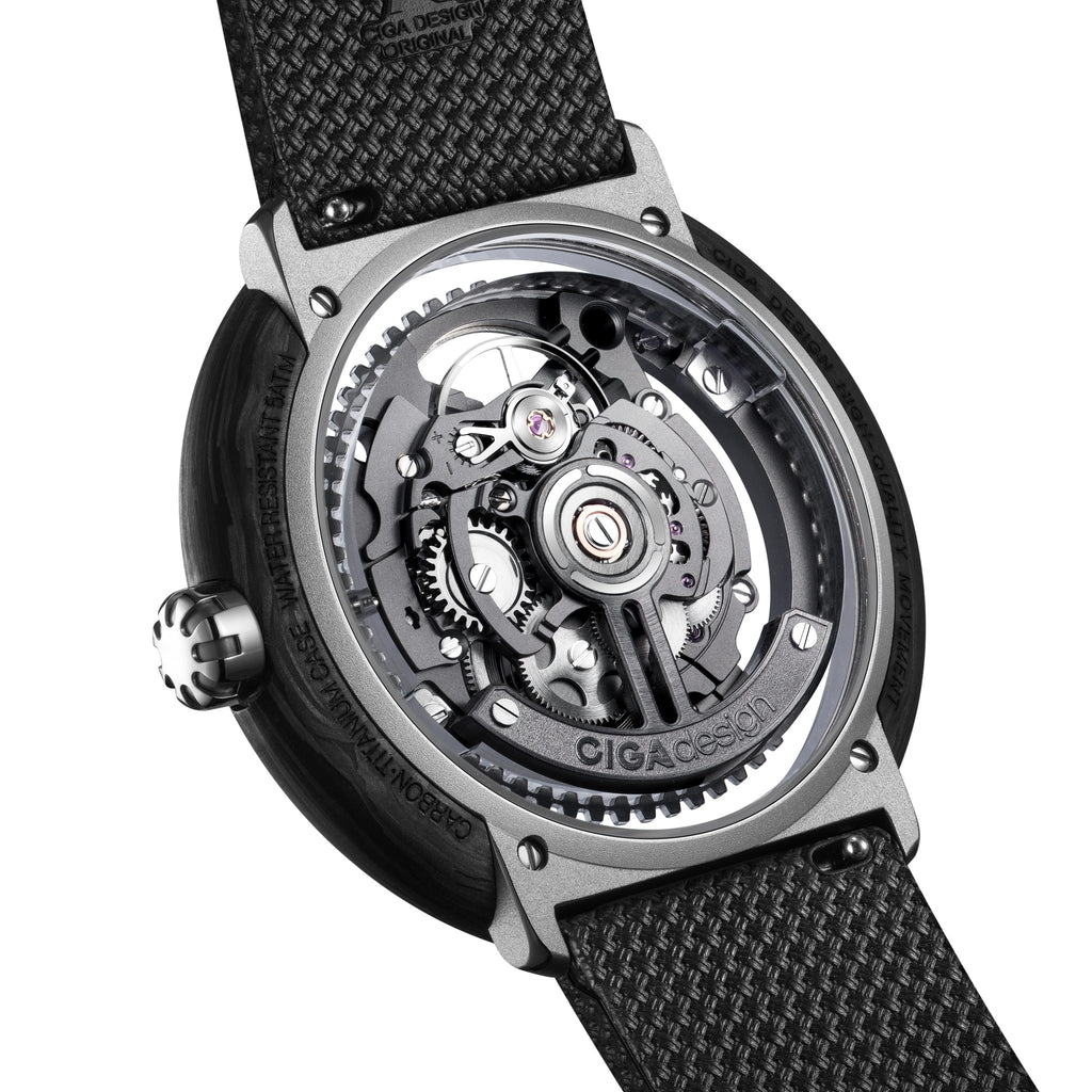 CIGA Design Vector Racing Skeleton Automatic Watch – caseback showing the CD-02X movement