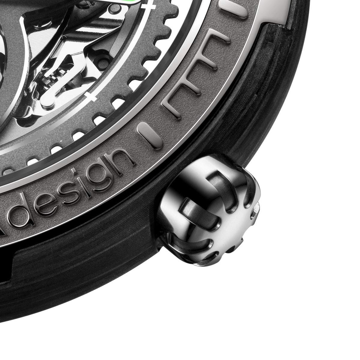 CIGA Design Vector Racing Skeleton Automatic Watch – crown and bezel macro