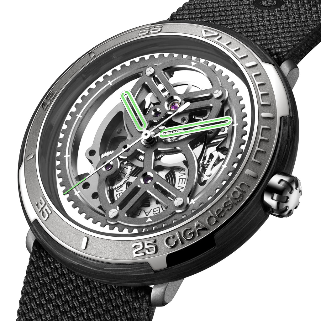 CIGA Design Vector Racing Skeleton Automatic Watch – Forged Carbon Fiber angled view