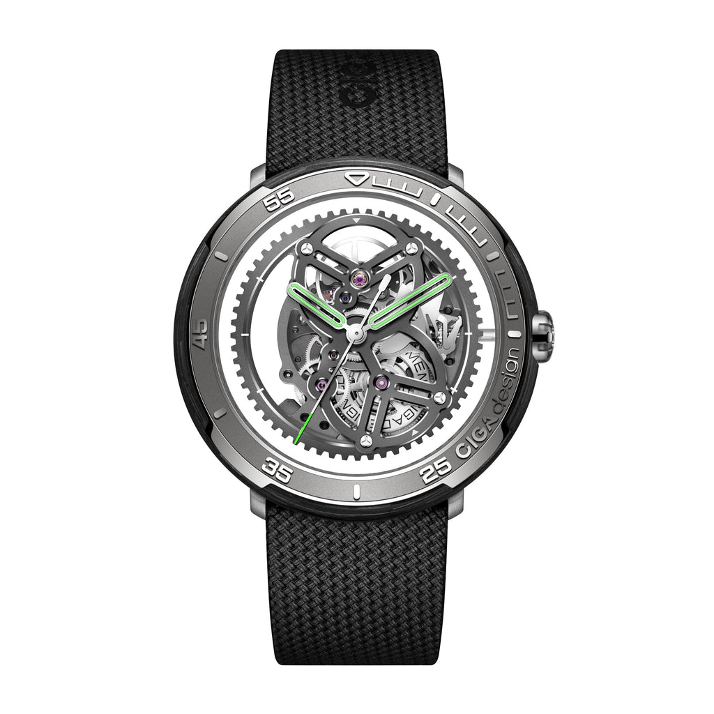 CIGA Design Vector Racing Skeleton Automatic Watch – Forged Carbon Fiber front view on woven fluororubber strap