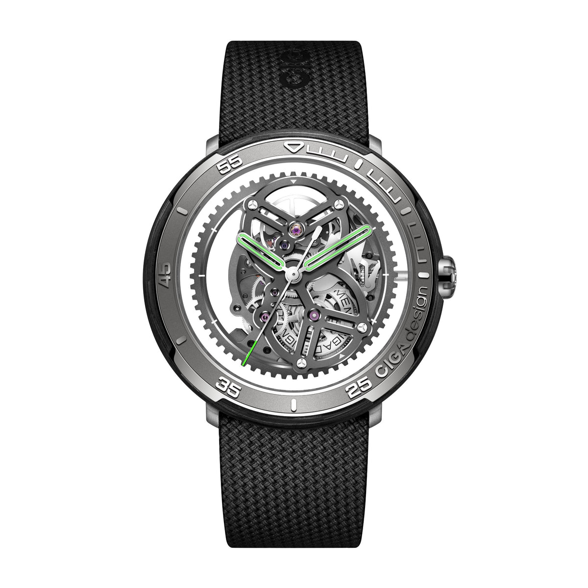 CIGA Design Vector Racing Skeleton Automatic Watch – Forged Carbon Fiber front view on woven fluororubber strap