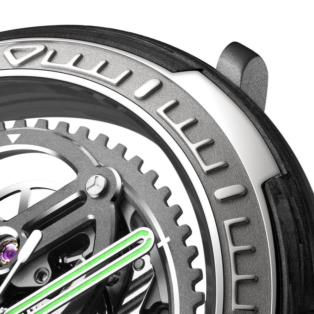 CIGA Design Vector Racing Skeleton Automatic Watch – layered racing bezel macro