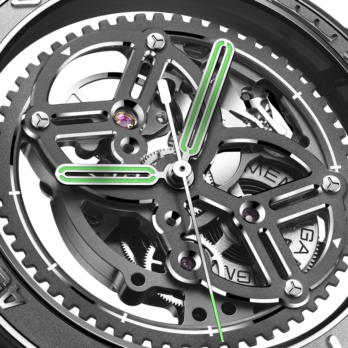 CIGA Design Vector Racing Skeleton Automatic Watch – skeleton dial macro with luminous hands