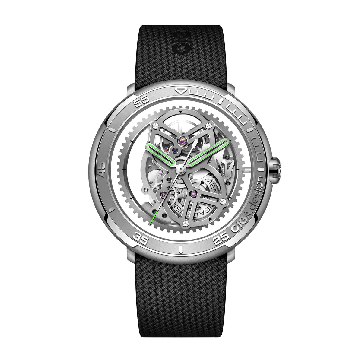 CIGA Design Vector Racing Skeleton Automatic Watch – Stainless Steel front view on woven fluororubber strap