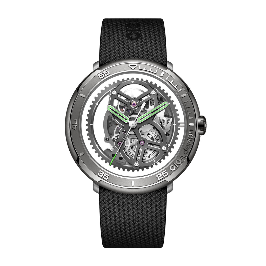 CIGA Design Vector Racing Skeleton Automatic Watch – Titanium front view on woven fluororubber strap