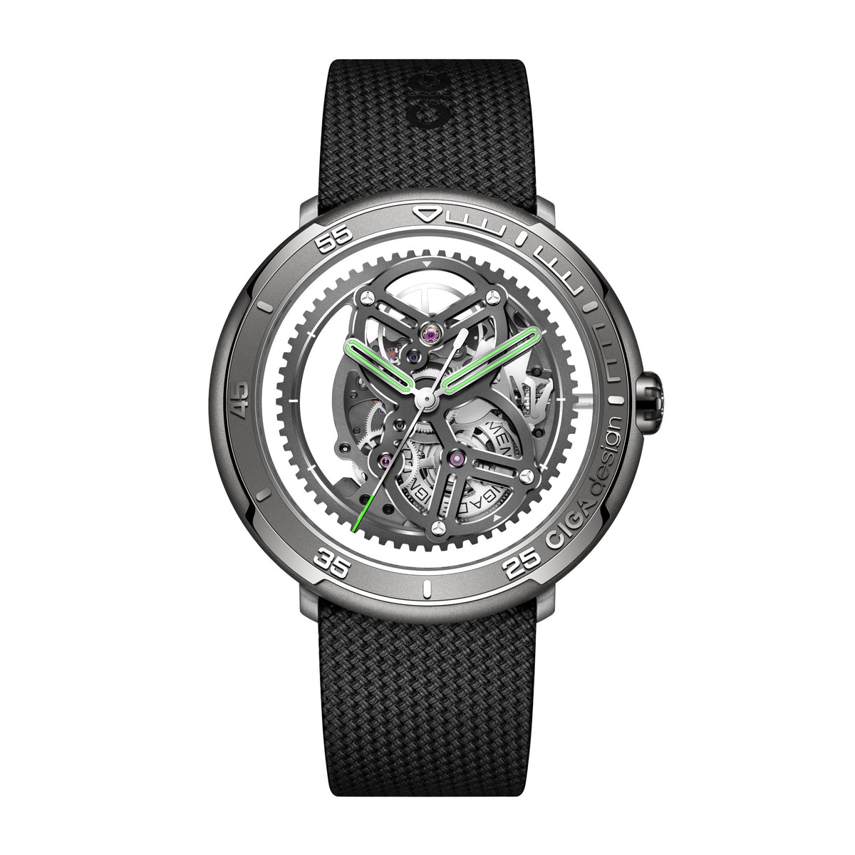 CIGA Design Vector Racing Skeleton Automatic Watch – Titanium front view on woven fluororubber strap
