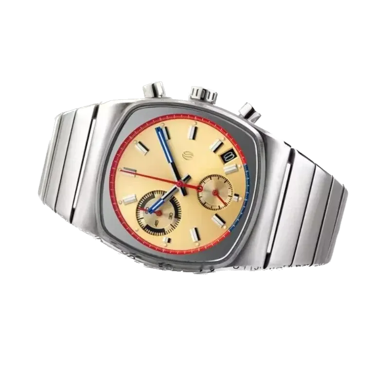 Ciloa retro chronograph watch with cream dial and red bezel on white studio backdrop