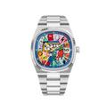 Ciloa men's painted dial watch with multicolor graffiti dial and fluted silver bezel, front view