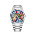 Ciloa men's painted dial watch with multicolor graffiti dial and fluted silver bezel, front view