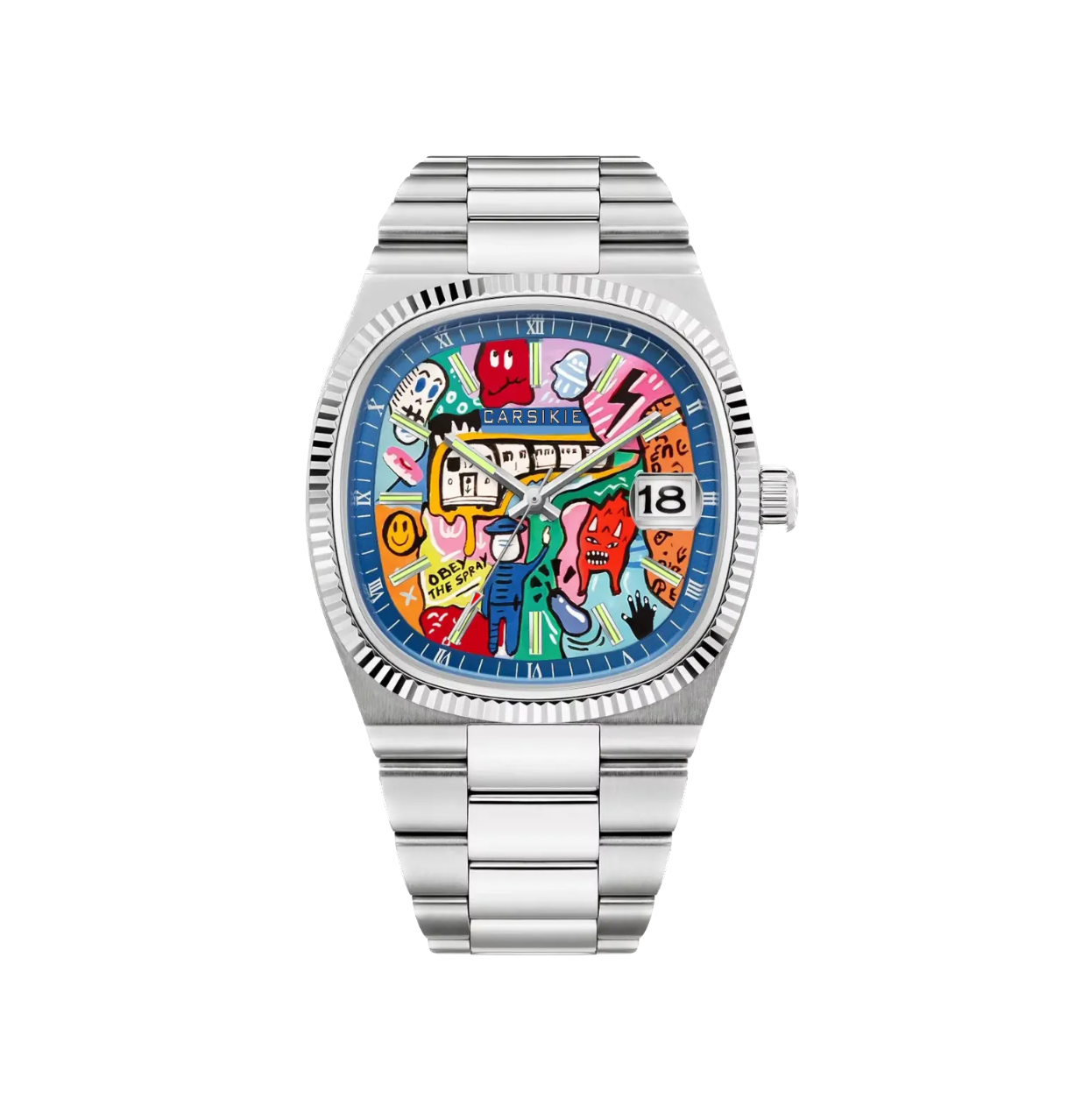 Ciloa men's painted dial watch with multicolor graffiti dial and fluted silver bezel, front view
