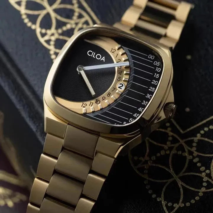 CILOA retro square quartz watch in gold with black half-disc dial on patterned surface