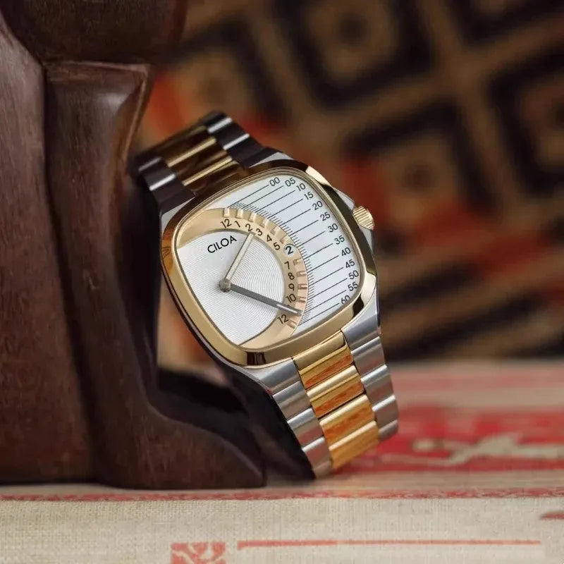 CILOA retro square quartz two-tone watch with white half-disc dial on wood stand