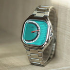 Ciloa retro square quartz watch turquoise gauge dial closeup with silver bracelet