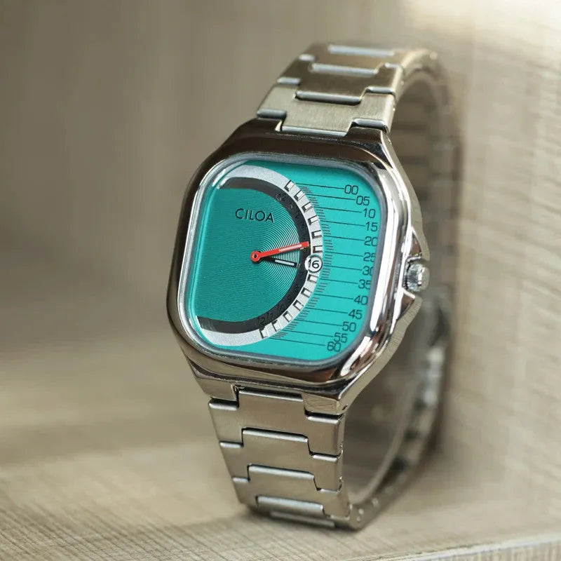 Ciloa retro square quartz watch turquoise gauge dial closeup with silver bracelet