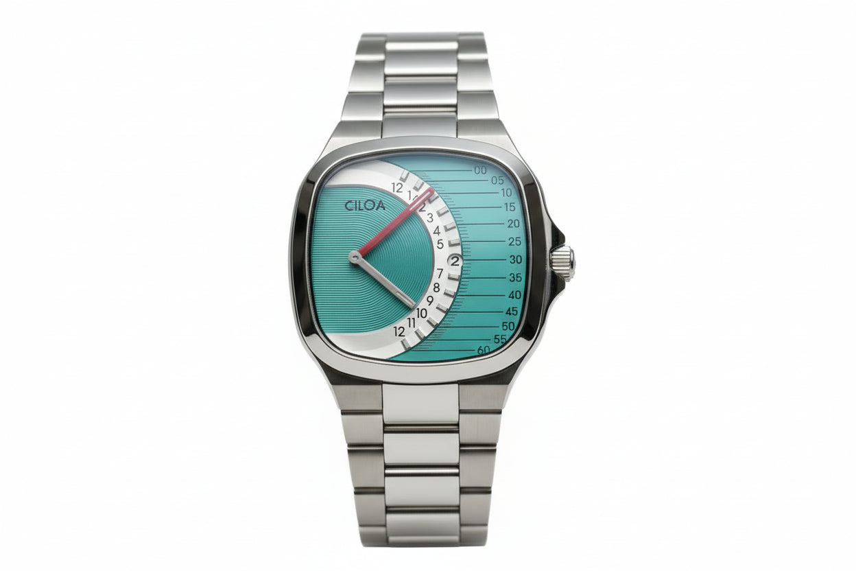 Ciloa retro square quartz watch with turquoise gauge dial and silver bracelet, front view