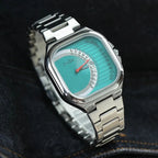 Ciloa retro square quartz watch turquoise gauge dial with silver bracelet, side angle
