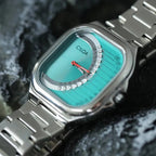 Ciloa retro square quartz watch with turquoise gauge dial and silver bracelet, side angle